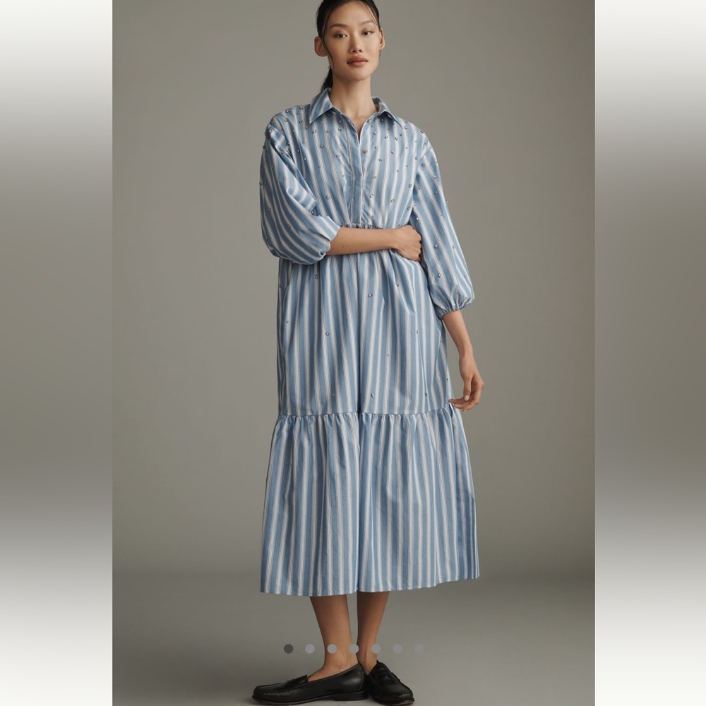 Anthropologie Blue Striped Dress with Embellishments